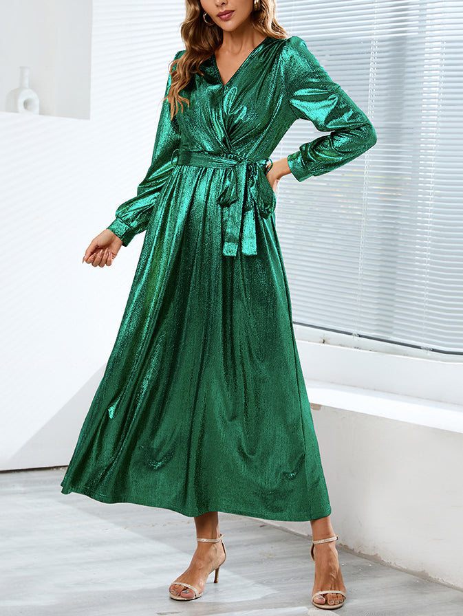 Shinny Long Sleeve Tie Waist Maxi Dress