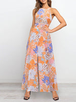 Halter Neck Cross Back SleevelessFloral Maxi Dress