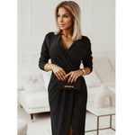 Elegant Long Sleeve V Neck Front Split Maxi Dress