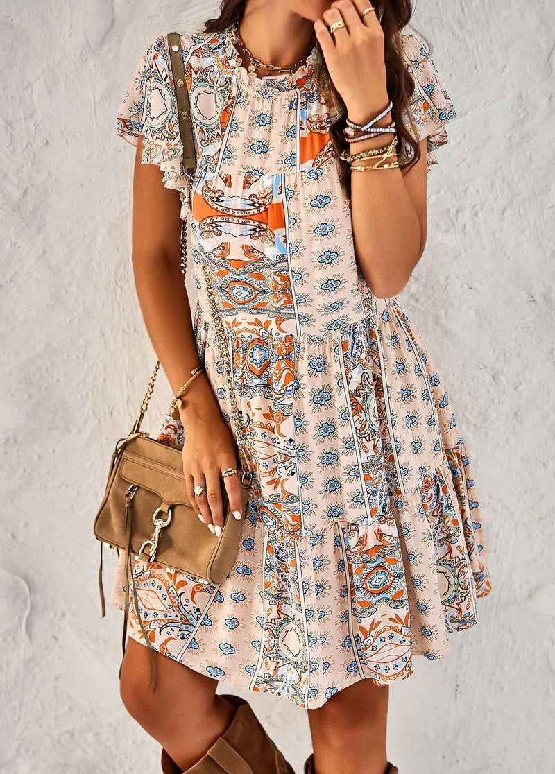 Crew Neck Ruffle Short Sleeve Printed Loose Midi Dress