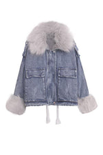 Detachable Fuzzy Faux Fur Collar Denim Coat