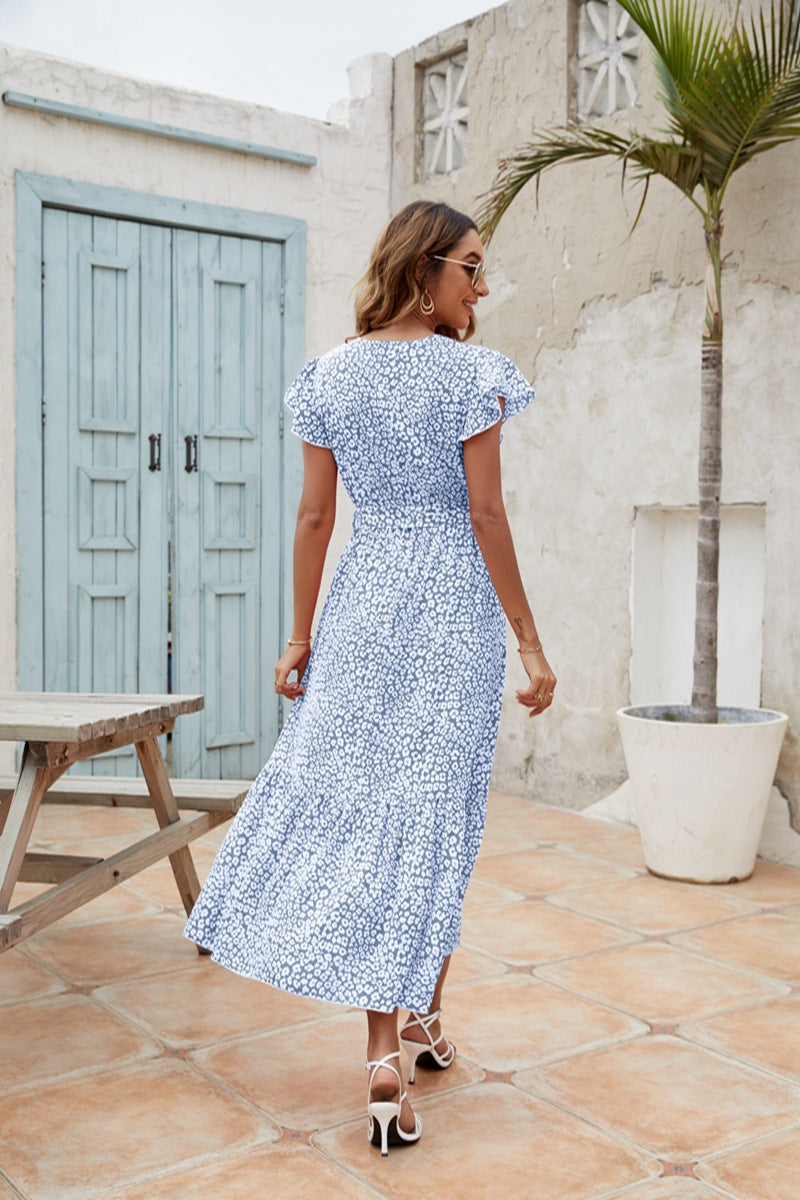 V-Neck Short Ruffle Sleeve Printed Waisted Midi Dress