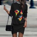 High Neck Long Sleeve Print Cross Split Mini Dress