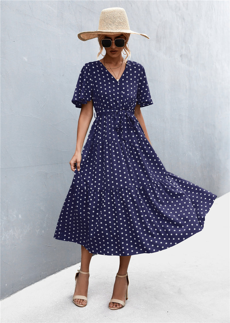 Polka Dot V Neck Short Sleeve Elastic Waist Maxi Dress