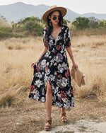 Elegant Short Sleeve V Neck Floral Maxi Dress