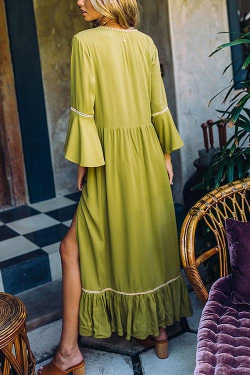 Embroidery Flares Sleeve Maxi Dress