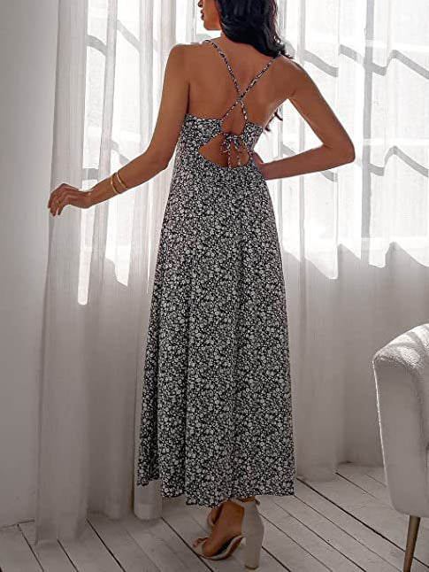 Sleeveless V Neck Flowy Spaghetti Strap Maxi Dress