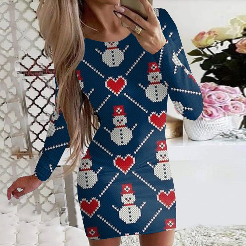 Fashion Round Neck Long Sleeve Print Mini Dress