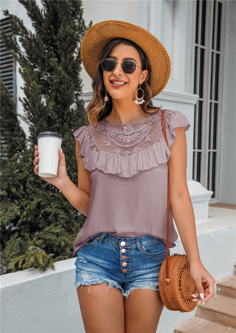 Casual Round Lace Neck Sleeveless Top