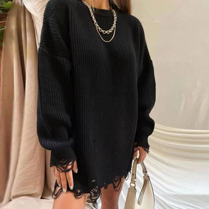 Solid Color Long Sleeve O-Neck Loose Mini Dress