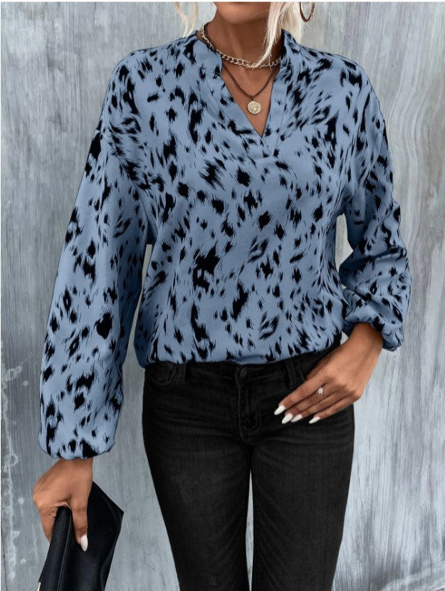 Elegant V-Neck Printed Long Sleeve Shirt