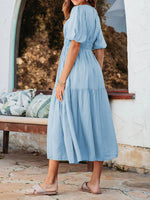 Puff Short Sleeve O-Neck Solid Loose Midi Dress