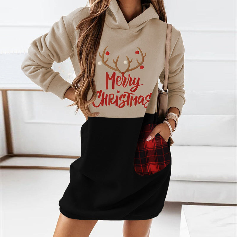 Christmas Printed Long Sleeve Hooded Sweatshirt Mini Dress