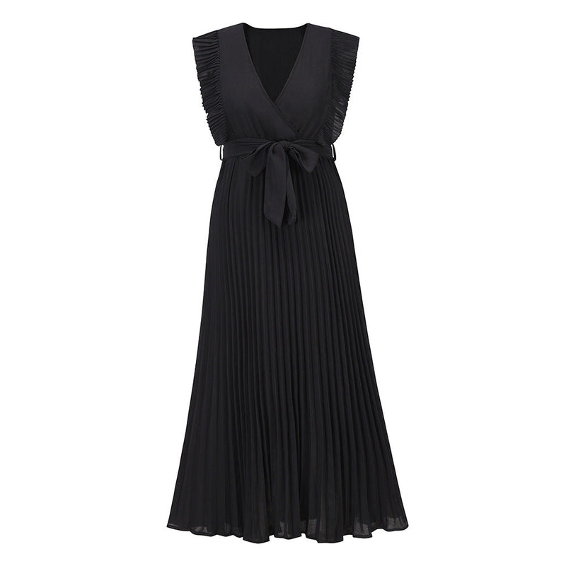 Ruffle Sleeveless V Neck Wrap Front Maxi Dress