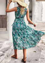 Sleeveless V-Neck Floral Print Loose Flared Midi Dress