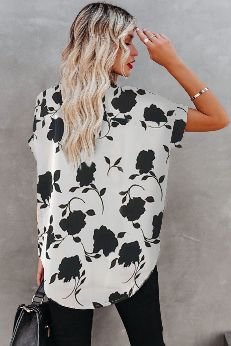 Floral Print Loose V Neck Blouse Top