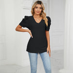 Casual V Neck Short Sleeve Solid Color Top