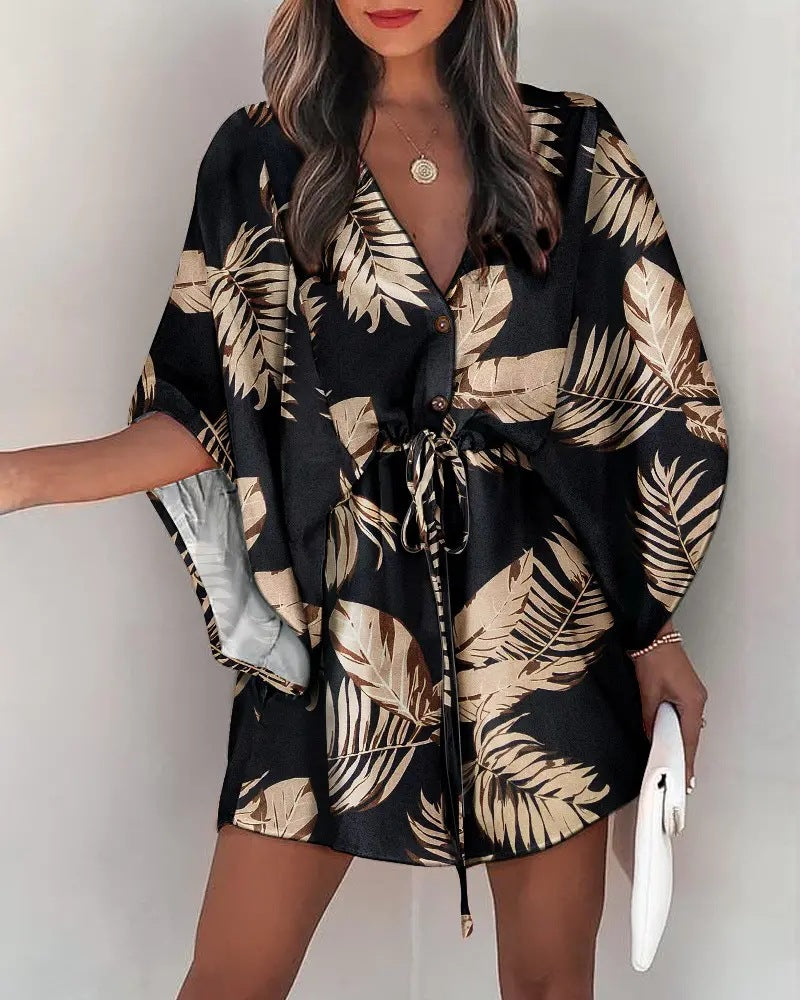 Casual Tie Front V Neck Short Sleeve Mini Dress