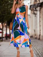 Sleeveless One Shoulder Floral Print Flared Midi Dress