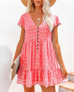 V-Neck Short Sleeve Polka Dot Flared Mini Dress