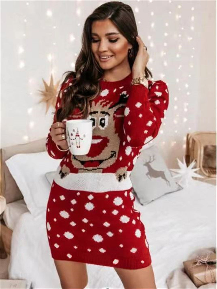 Fashion Long Sleeve O-Neck Printed Mini Dress