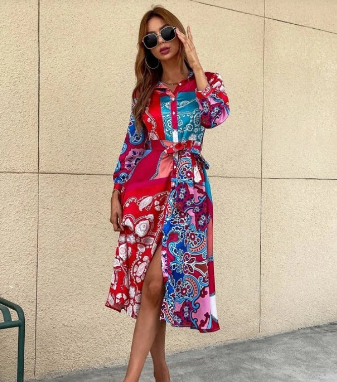 Long Sleeve Printed Belted Foulard Midi Dress