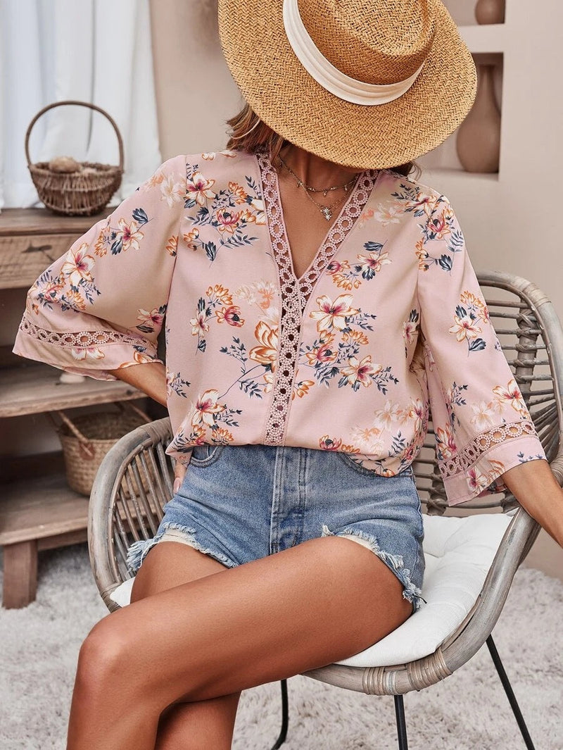 Floral V Neck Stylish Blouse Top