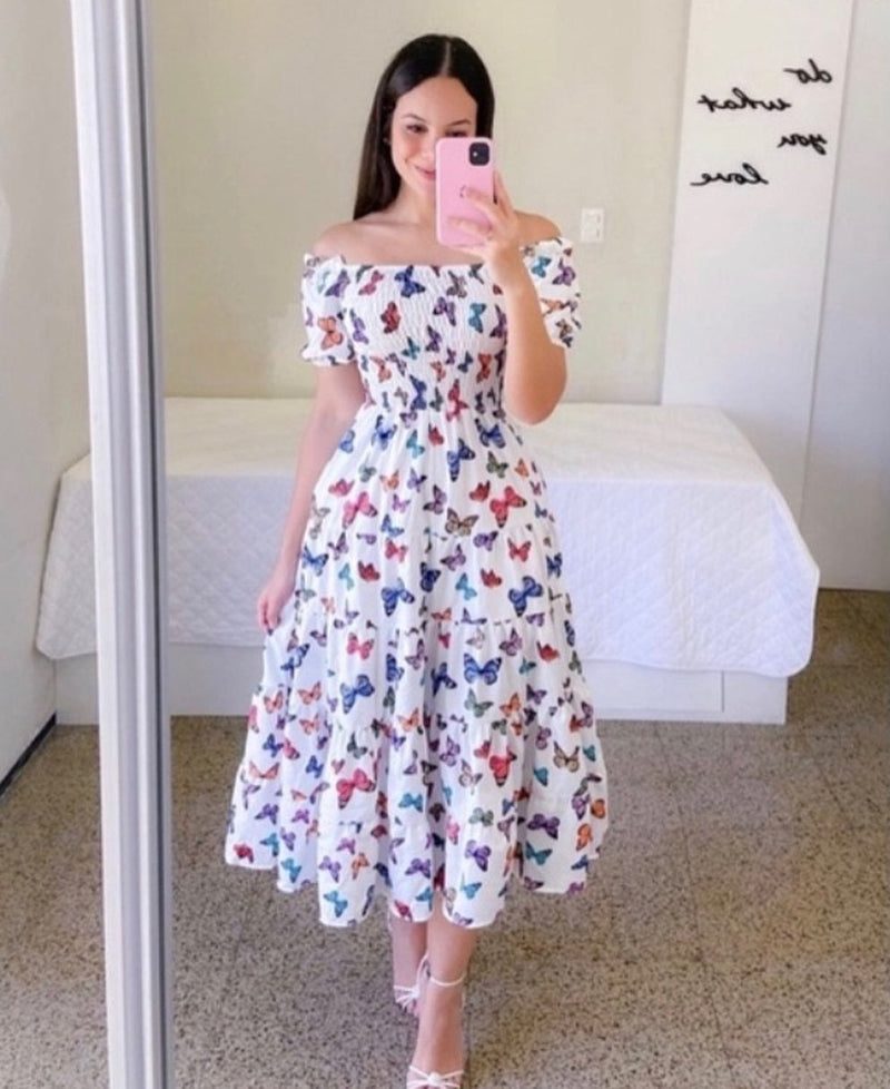 Fashion Short Sleeve Printed Flared Midi Dress