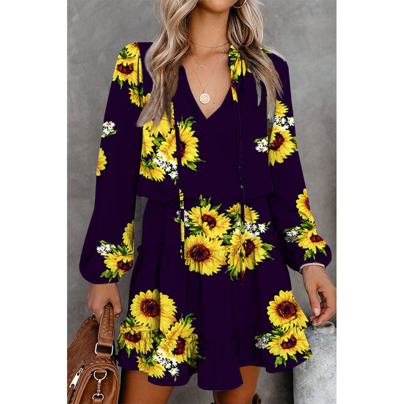 Classic Floral Long Sleeve V Neck Mini Dress