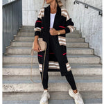 Long Sleeve Open Front Stripped Print Long Cardigan