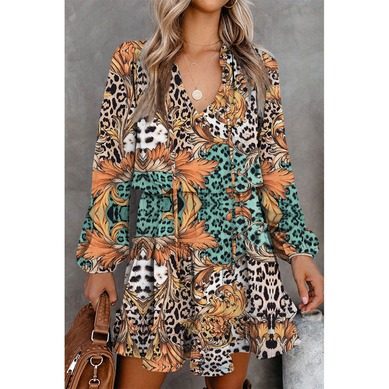 Classic Floral Long Sleeve V Neck Mini Dress