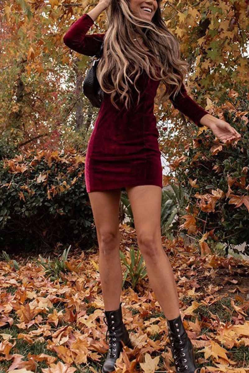 Velvet Square Neck Long Sleeve Slim Fit Mini Dress