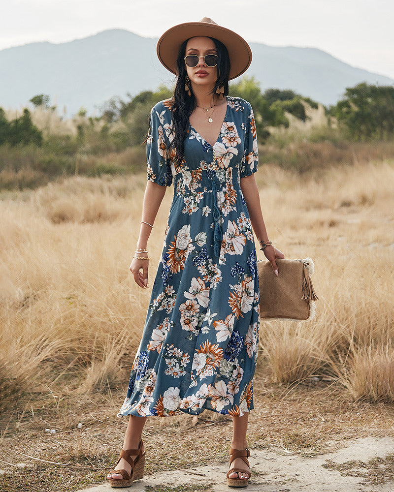 Elegant Deep V Neck Short Sleeve Floral Maxi Dress