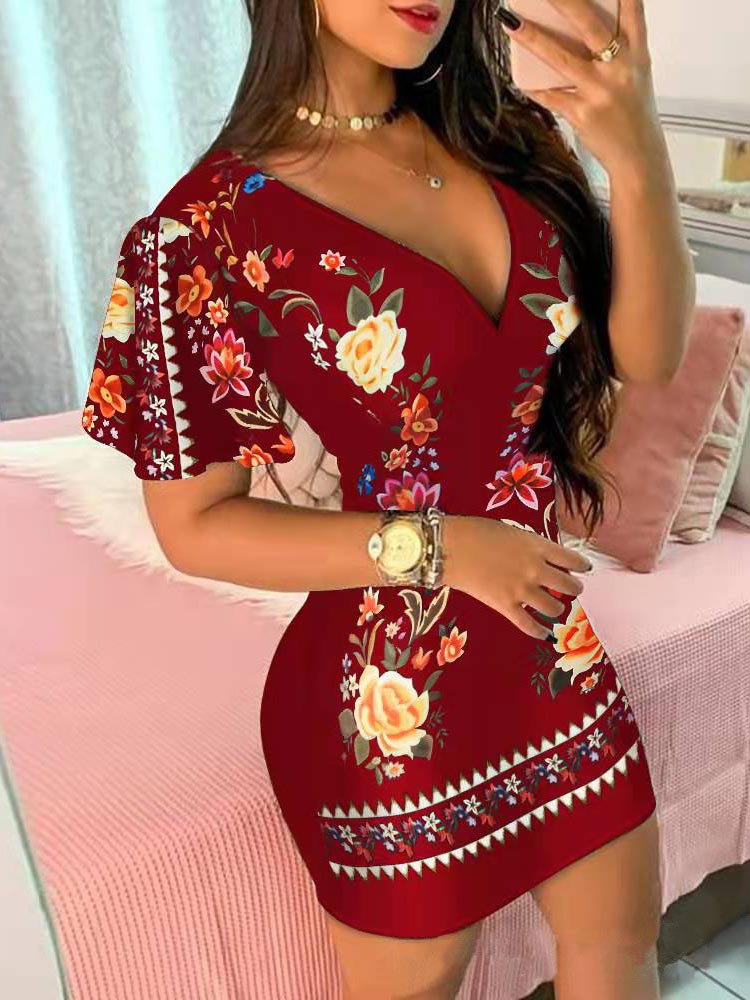 Bodycon V Neck Floral Short Sleeve Mini Dress