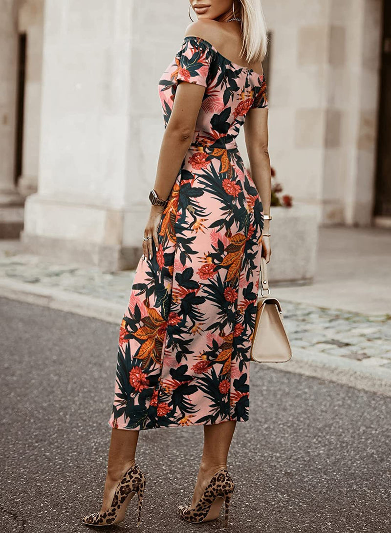 Round Neck Short Sleeve Printed Irregular Midi Dress