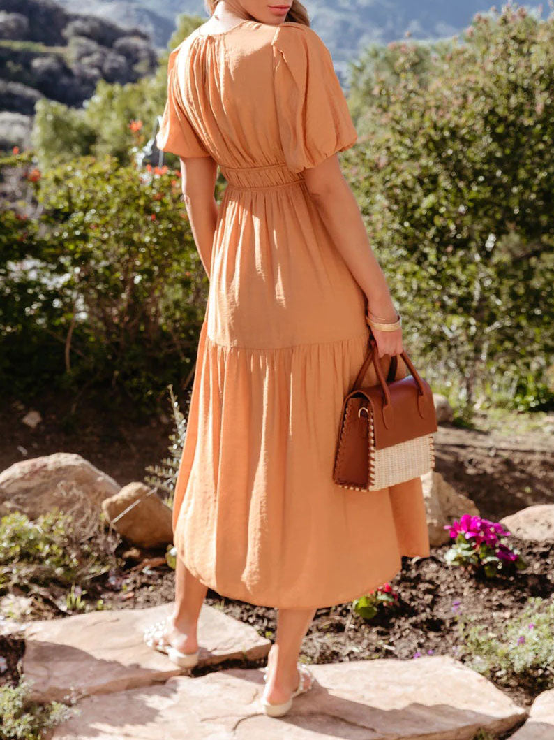 Puff Short Sleeve O-Neck Solid Loose Midi Dress