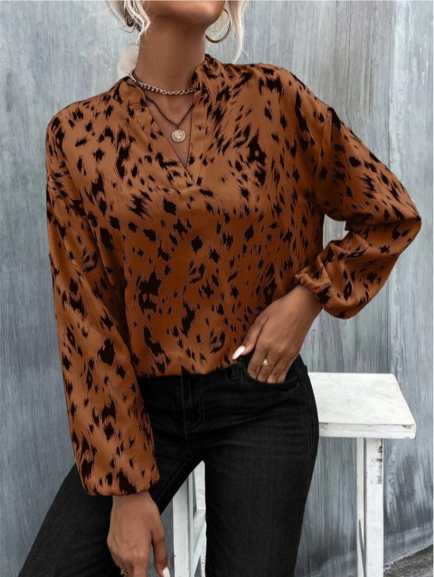 Elegant V-Neck Printed Long Sleeve Shirt