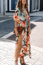 Floral Deep V Neck Side Split Maxi Dress