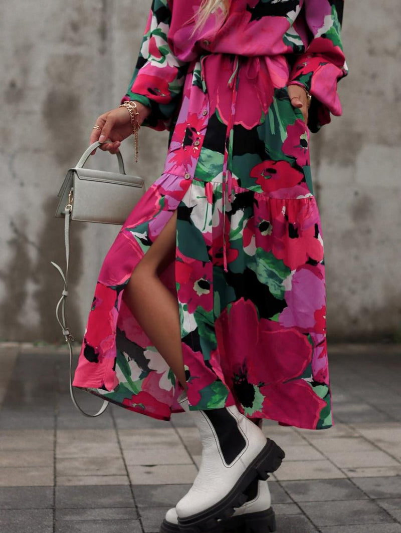 Floral Print V-Neck Long Sleeve Button Down Loose Midi Dress