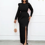 Elegant Long Sleeve Round Neck Slim Fit Side Split Maxi Dress