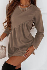 Fashion Long Sleeve O-Neck Solid Colour Mini Dress