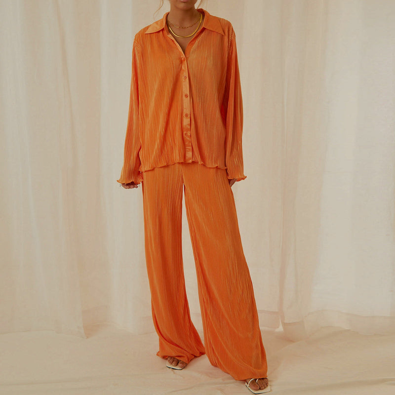 Two Pieces Long Sleeve Oversize Top Wide Leg Pant Set