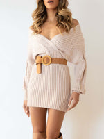 Casual Off Shoulder Long Sleeve V-Neck Belt Knit Mini Dress