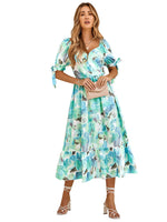 Elegant Short Sleeve V-Neck Printed Maxi Dress