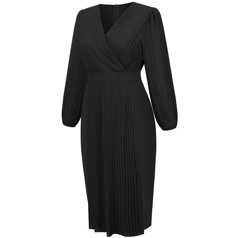 High Waist V Neck Long Sleeve Midi Dress