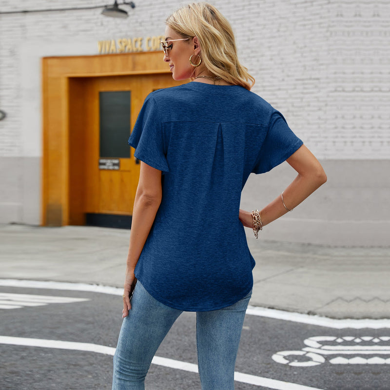 Short Sleeve V Neck Solid Color Top