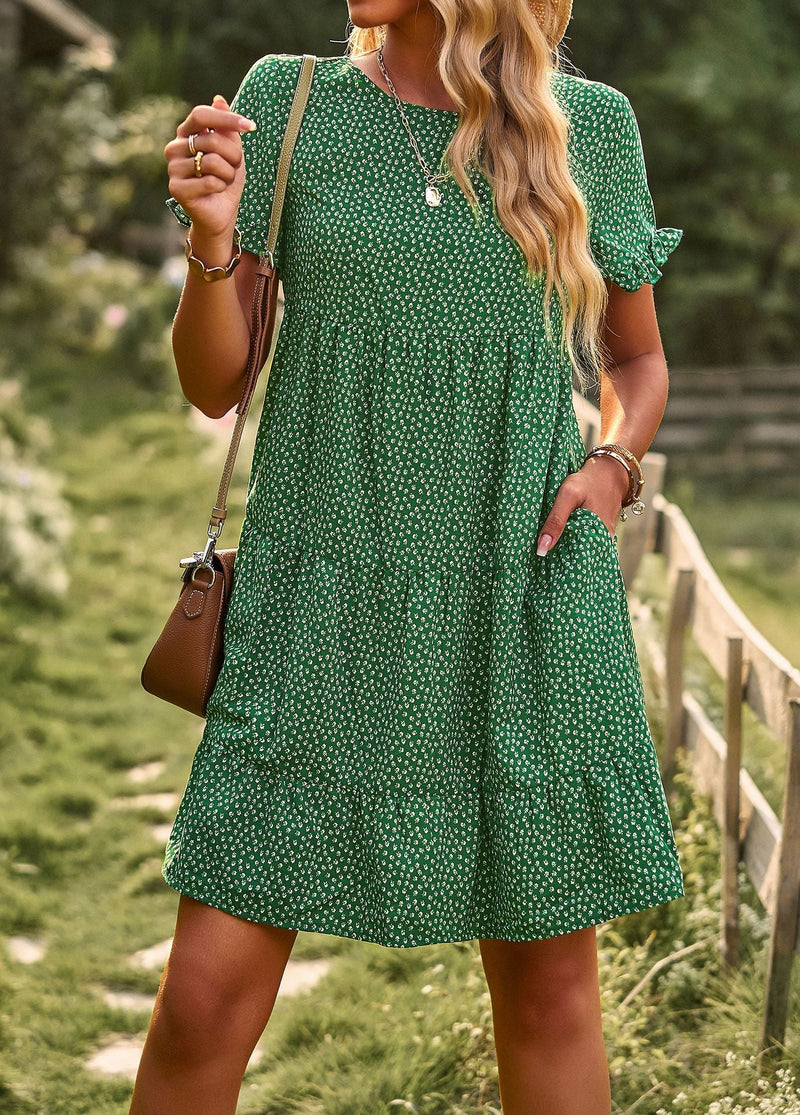 Casual Short Sleeve O-Neck Printed Loose Mini Dress