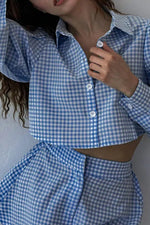 Plaid Button Crop Shirt Shorts Set