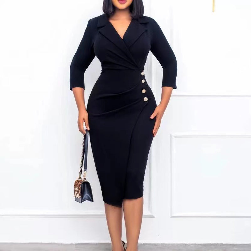 Elegant Solid Turn-Down Collar 3/4 Sleeve Bodycon Midi Dress