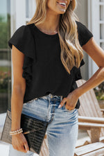 Crew Neck Ruffle Short Sleeve Solid Loose Blouse